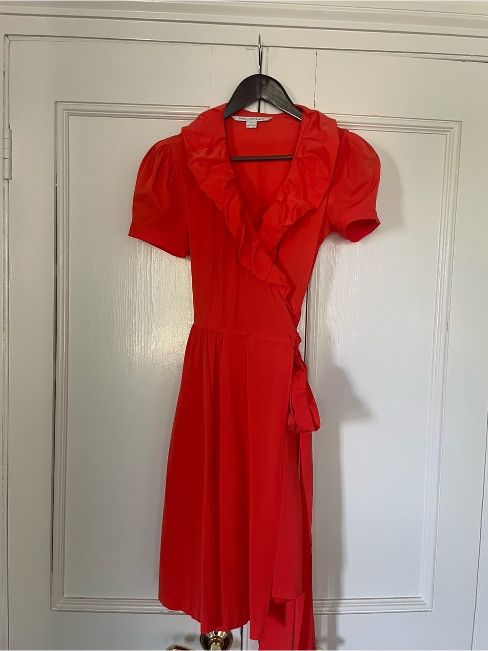 Diane Von Furstenberg Bright Orange Ruffle Wrap Midi Dress